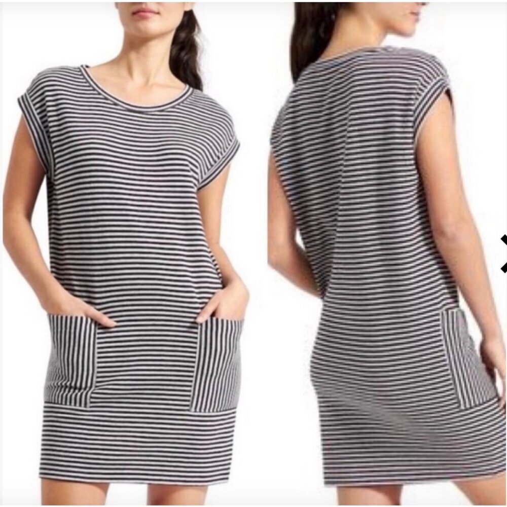 Athleta Ease Up Gray Black Stripe Sleeveless Dress, Small